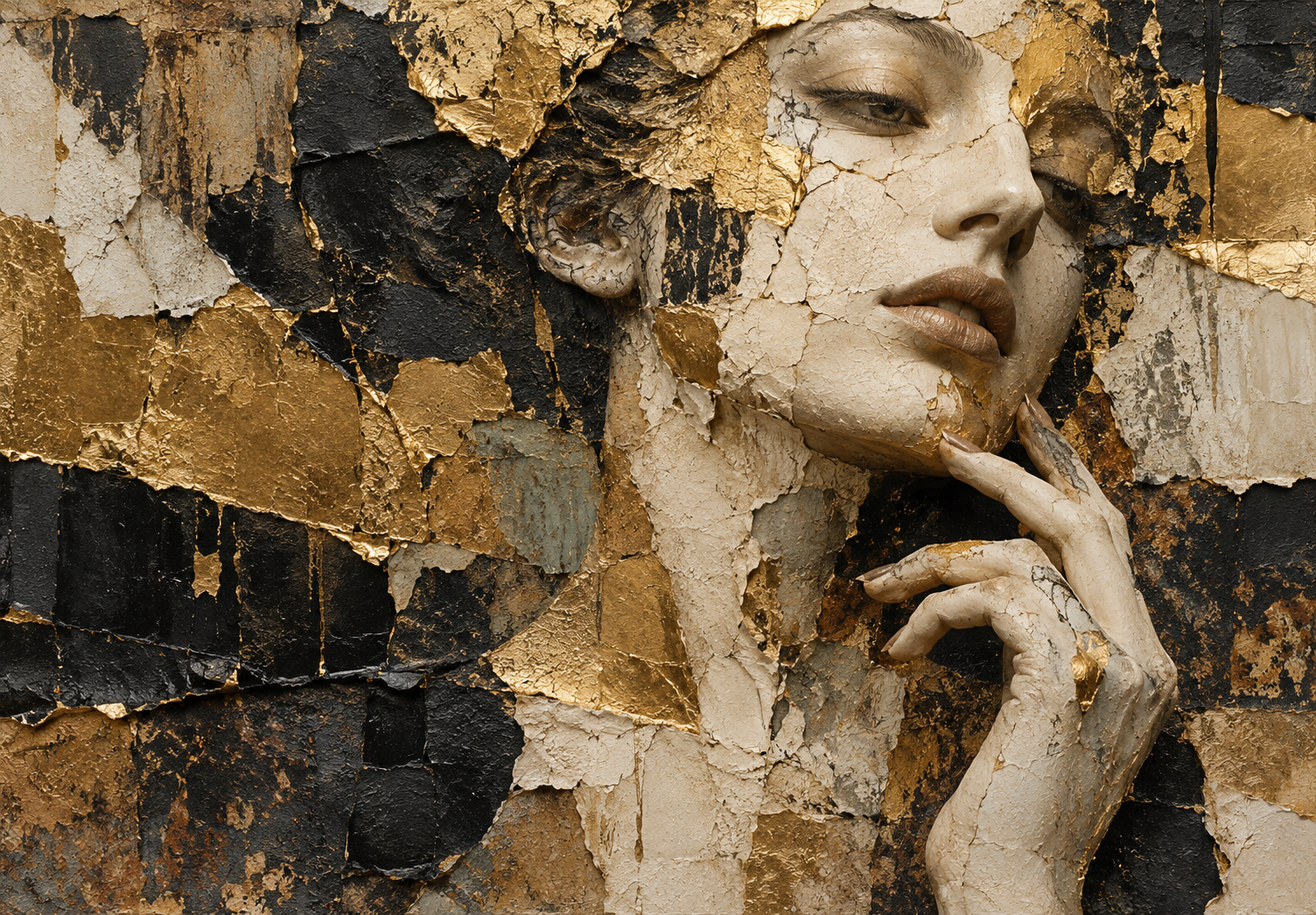 A fragmented classical female face and hand in ivory plaster, charcoal, and gold leaf.