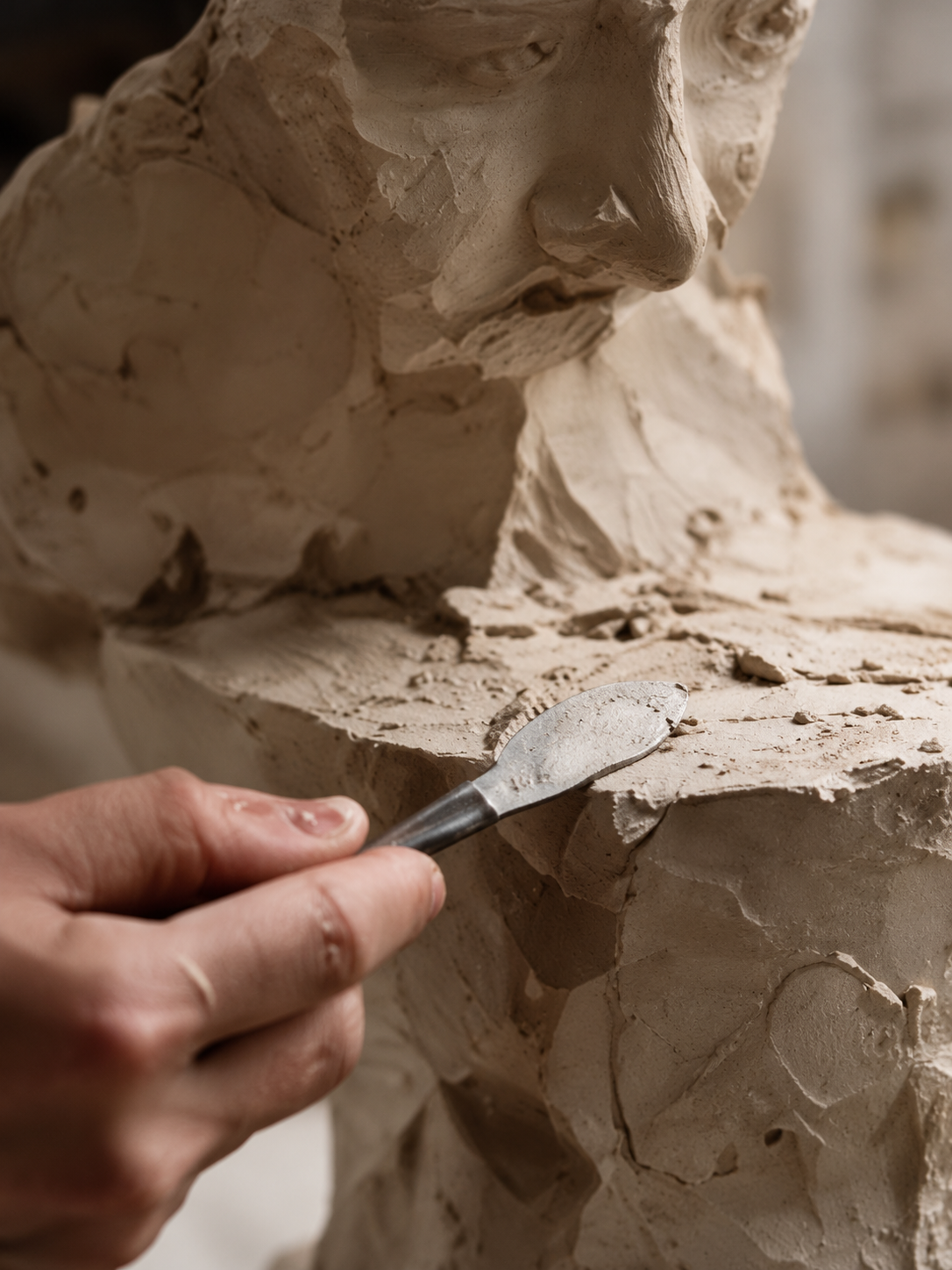 Clay sculpture, brushes in a studio, and a sculptor shaping a face.